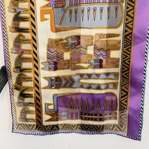 Vtg‎ Laurel Burch Silk Scarf Tribal Cat Rectangle Geometric Purple Gold Egyptian